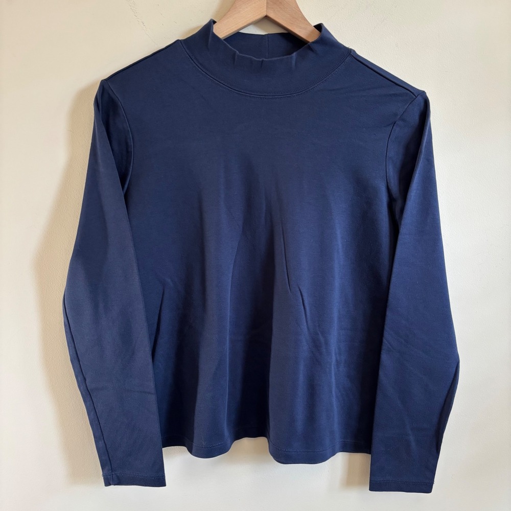 LL Bean Navy Blue Mock Neck Long Sleeve Top 100% Supima Cotton Womens M 217052